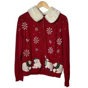 Heirloom Collectibles Polar Bear Snowflake Christmas Sweater L Red Faux Fur Zip